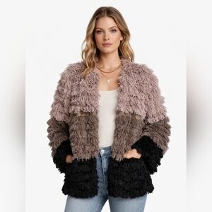 SAGE the Label Womrn's Shaggy Faux Fur Jacket Colorblock Open Front Coat Sz M.